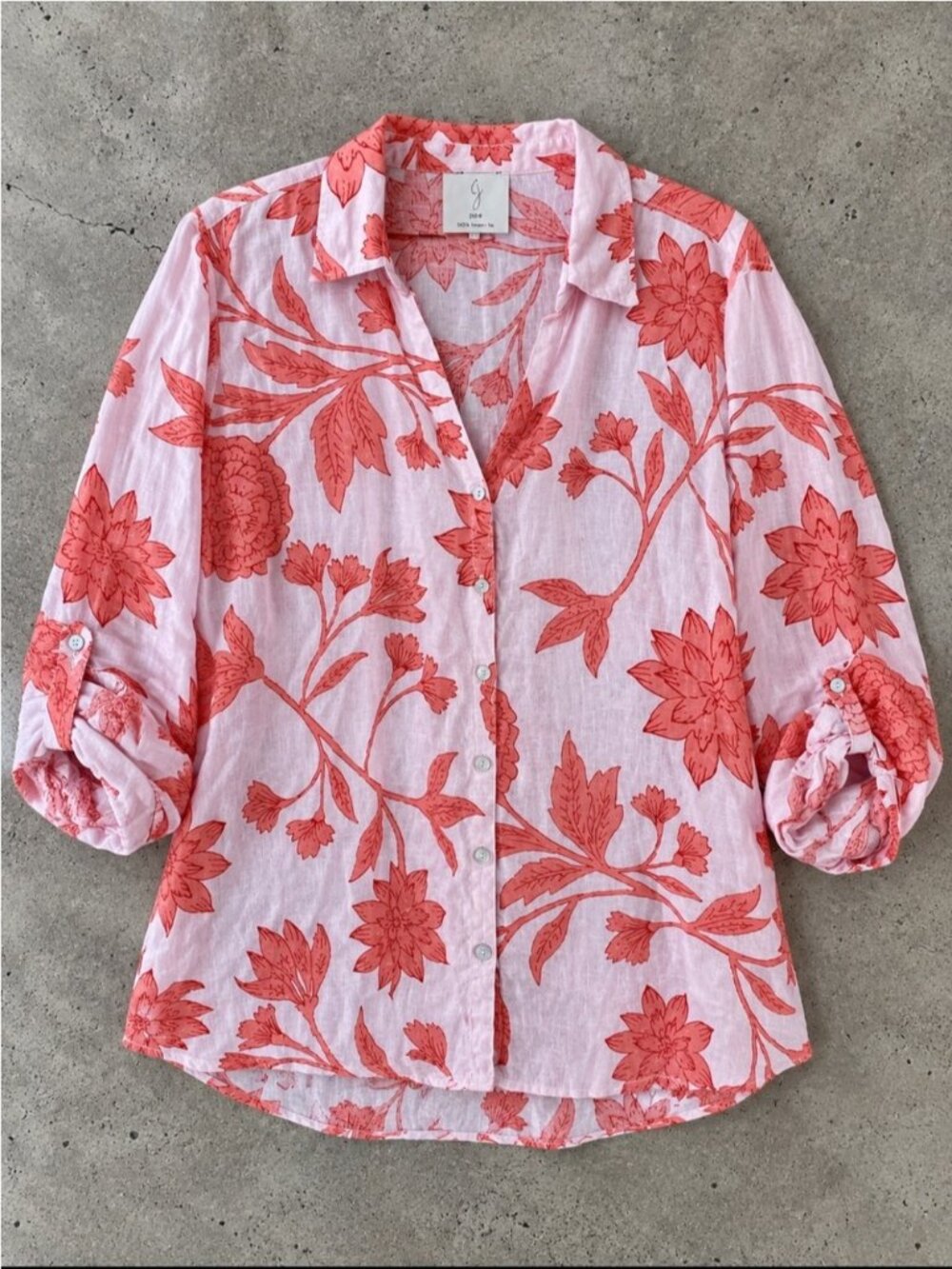 Joie 100% Linen Floral Button Down Blouse Roll Tab Sleeve Pink Coral 2X Coastal